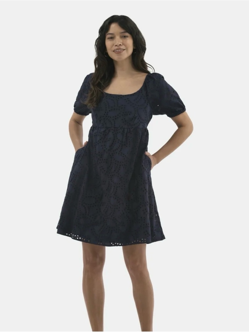 0115 Time and Tru Navy Eyelet Puff-Sleeve Mini Dress